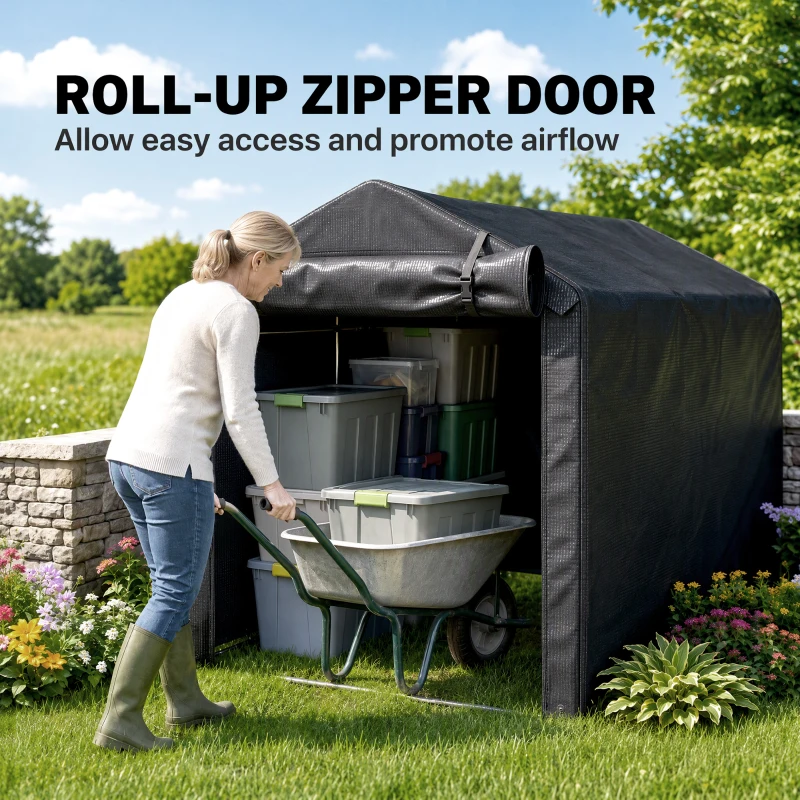 Outsunny 2.2 x 1.6 m Garden Storage Tent, Waterproof Anti-UV Portable Shed with Roll-up Zipper Door, Galvanised Outdoor Storage Shelter Carport  for Firewood, Garden Tools, Black