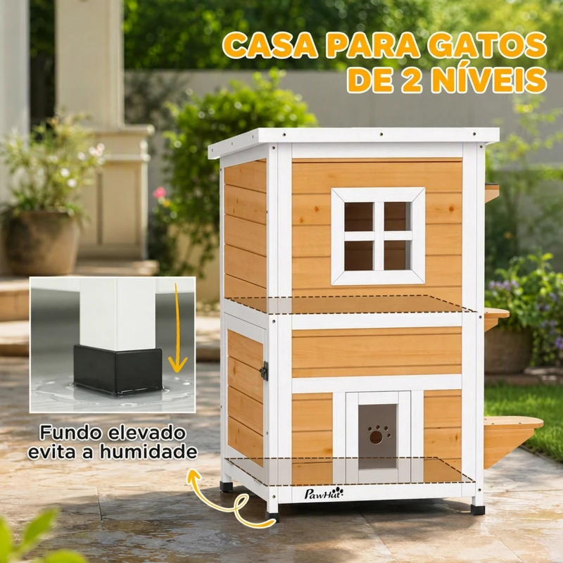 PawHut Casa de Madeira para Gatos de Exterior 2 Níveis com 3 Portas e Janela Amarela