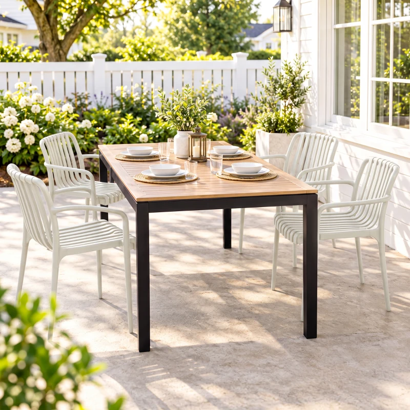 Outsunny Gartenstühle 4er Set Stapelbare Terrassenstühle mit Lamelldesign Armlehnen, Ergonomisch Cremeweiß