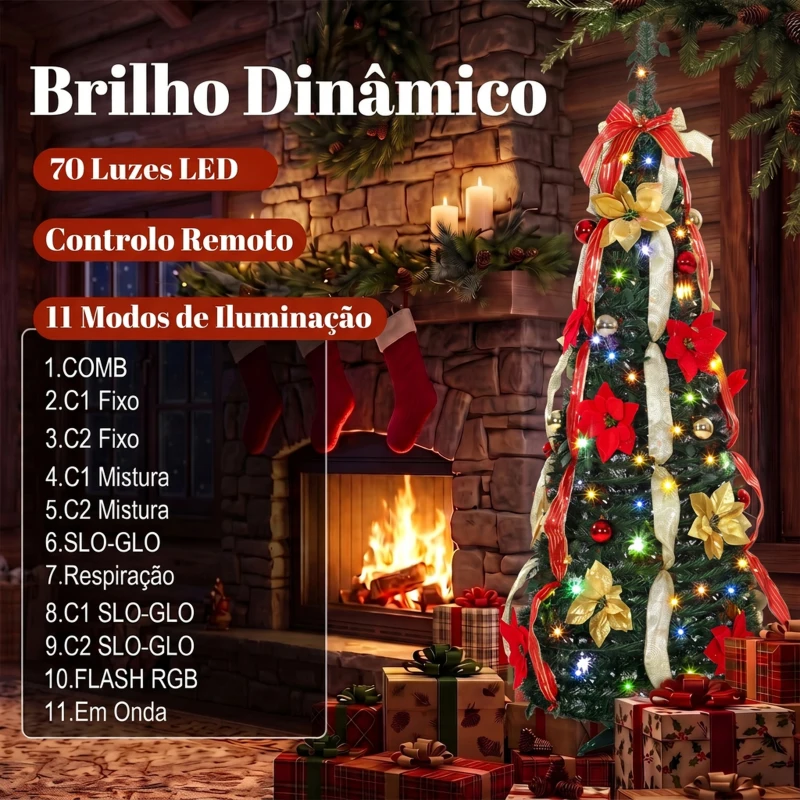 HOMCOM Árvore de Natal Desdobrável 150 cm com 70 Luzes LED, 11 Modos, Comando à Distância e Decoração Incluída, Verde