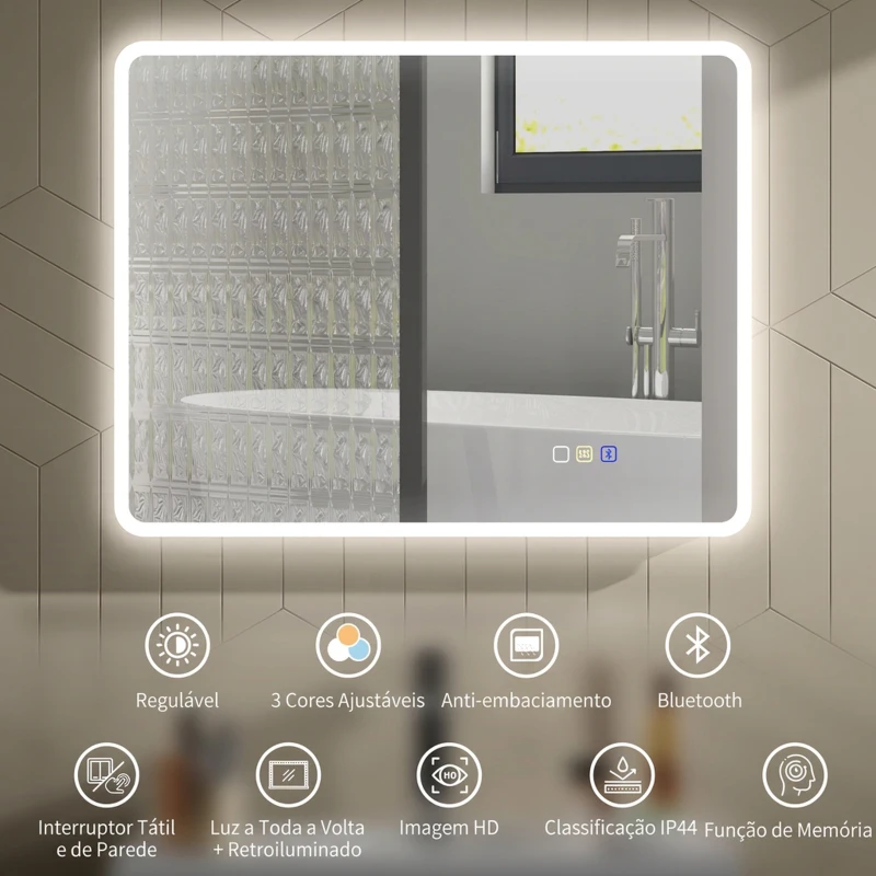 HOMCOM Espelho LED para Casa de Banho 90x70 cm com Bluetooth, 3 Tons de Luz, Antiembaciamento, Memória e IP44