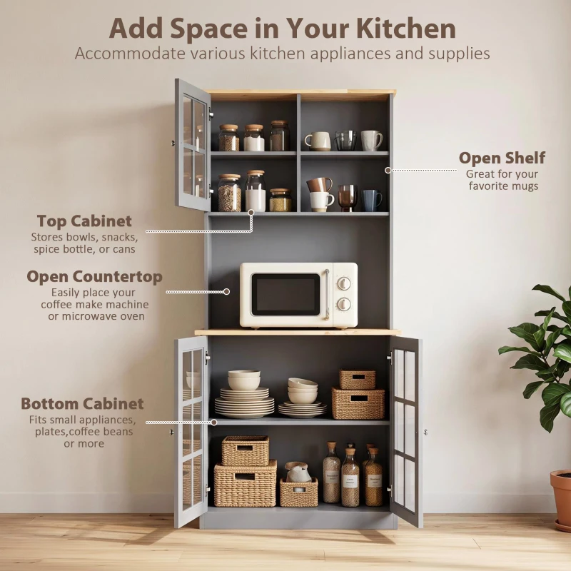 HOMCOM Kitchen Pantry, Buffet Hutch with 3 Storage Cabinets, 2 Open Shelves and Large Countertop for Kitchen, Grey