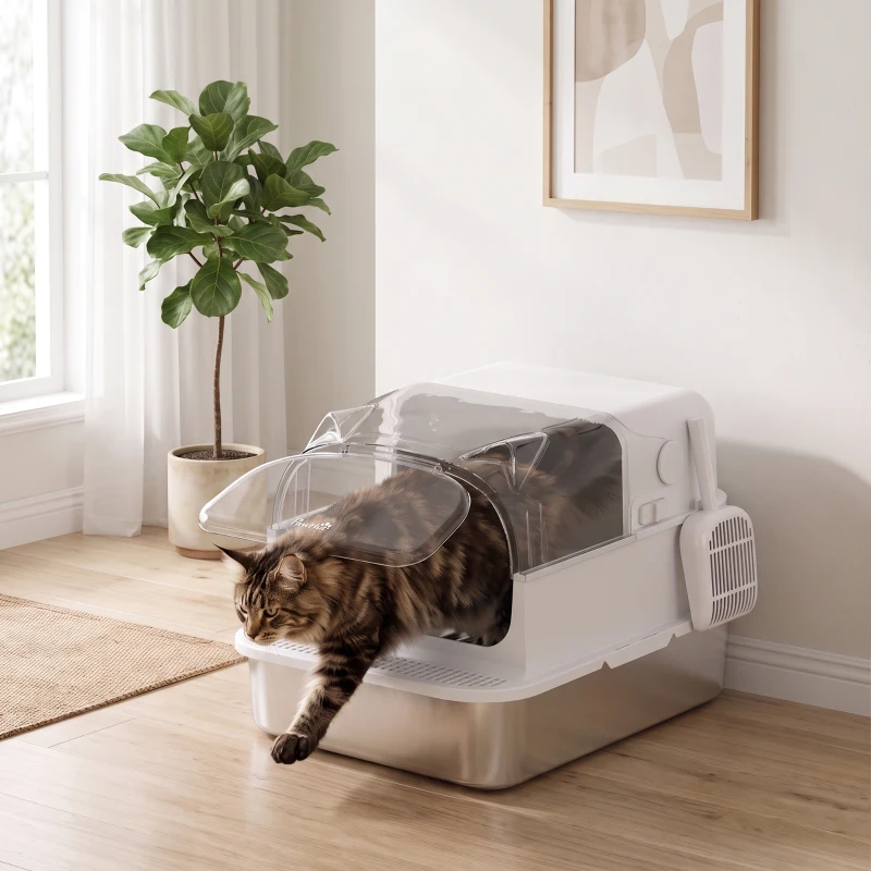 PawHut Bac à Litière pour Chat en Acier Inox avec Couvercle 3 en 1 Bords Hauts Pelle et Sacs Anti-Odeur XL 70x50x46cm Blanc