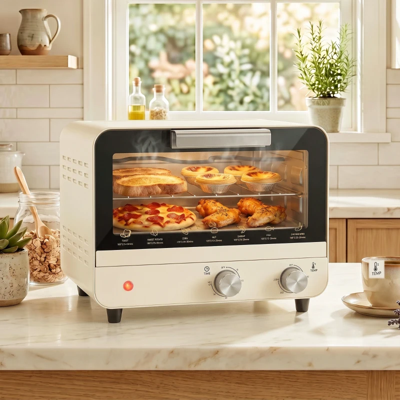 HOMCOM Mini Oven, Small Toaster Oven with Glass Door, Adjustable Temperature and Timer, Accessory Included, 750W, Cream White