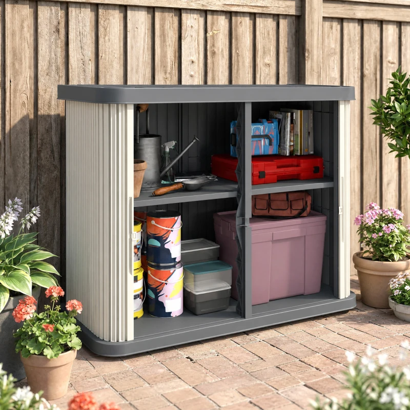 Outsunny Coffre de Rangement Extérieur 480 L, 2 Niveaux avec Portes Coulissantes Résistant aux UV, 120,5x59,5x92cm, Gris