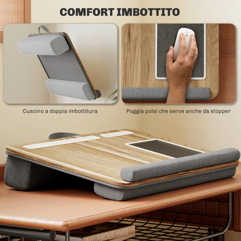 HOMCOM Supporto per Laptop da 15.6" con Tappetino Mouse e Poggia Polsi, Slot per Tablet e Smartphone, Rovere