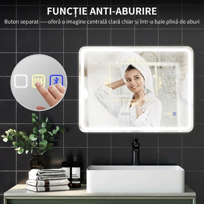 HOMCOM Oglindă de Baie LED cu Bluetooth, Iluminare Reglabilă și Funcție de Memorare, din Sticlă Securizată, 80 x 2.9 x 60 cm