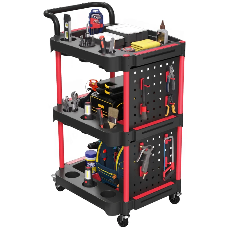 HOMCOM 3-Tier Rolling Tool Cart with Pegboard and Hooks, Storage Trolley Wheel Cart with Brakes, Black & Red