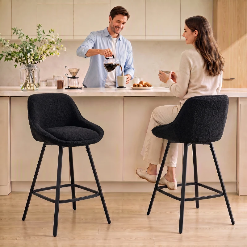 HOMCOM Bar Stools Set of 2, 64 cm Modern Linen-Touch Fabric 360° Swivel Counter Height Bar Chairs, Black