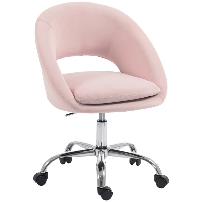 HOMCOM Velvet Desk Chair, Modern Office Chair with Height-Adjustable, Wheels, for Home Study Bedroom, Pink