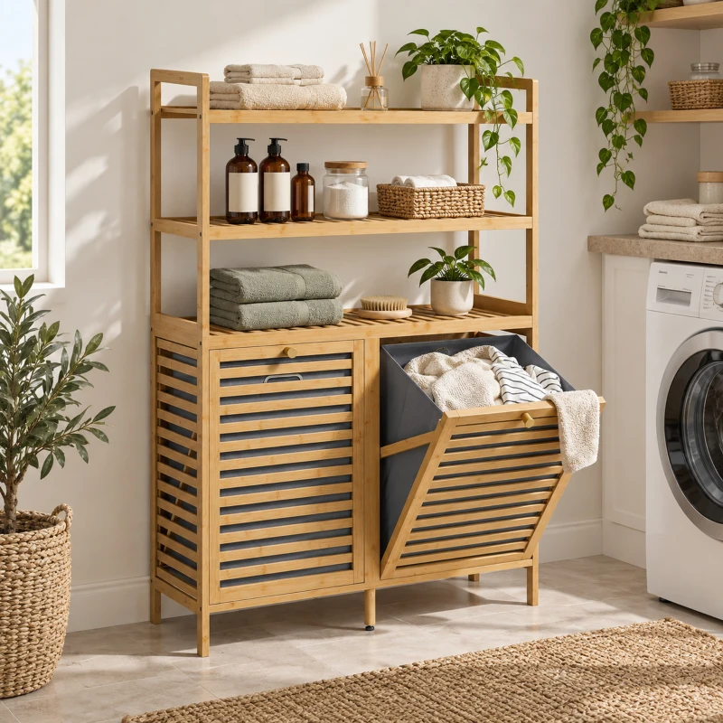 HOMCOM Mobile Porta Biancheria Doppio Inclinabile, Bambù, 2 Cesti, 3 Ripiani, Colore Rovere