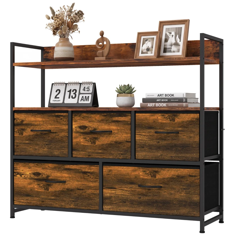 HOMCOM Chest of Drawers, Bedroom Fabric Dresser with 5 Drawers, Storage Organiser Unit with Open Shelves, Rustic Brown