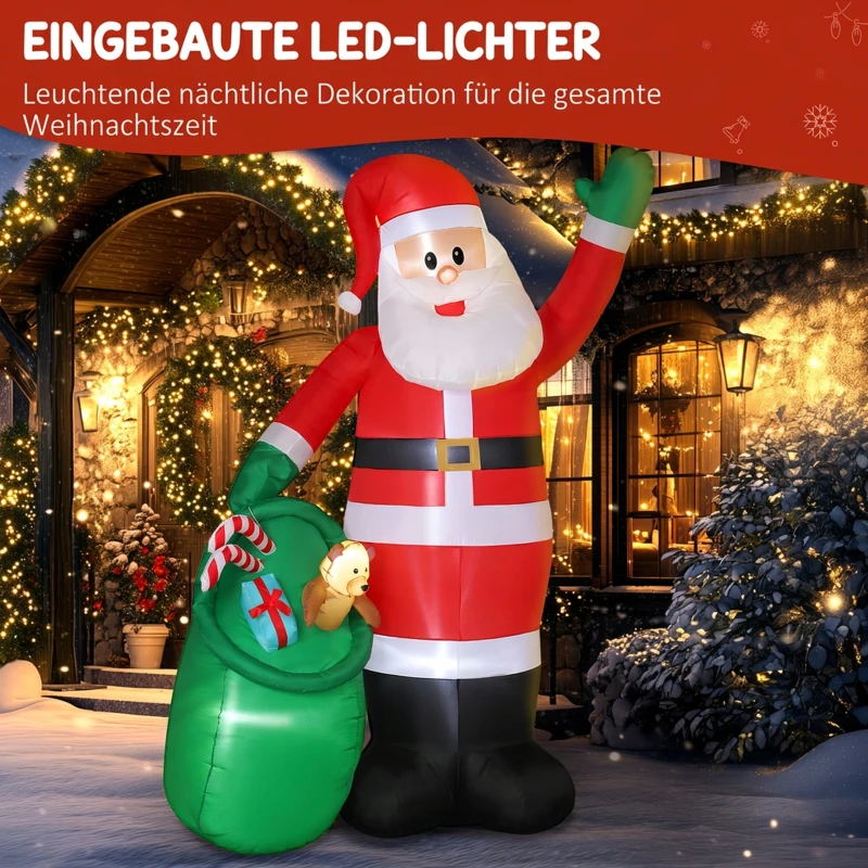 Outsunny Opblaasbare kerstman 275 cm met zak en beer, kerstdecoratie met ingebouwde ledverlichting