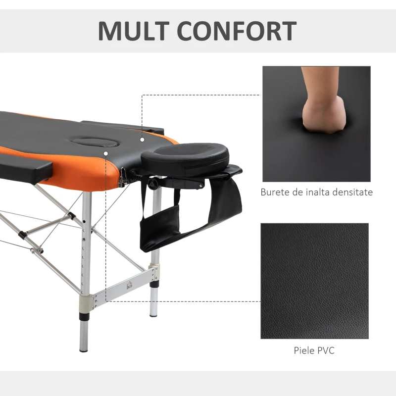 HOMCOM Pat de Masaj Pliabil cu Înălțime Reglabilă pentru Masaj din Aluminiu și Plastic, 215x60x61-84 cm, Negru