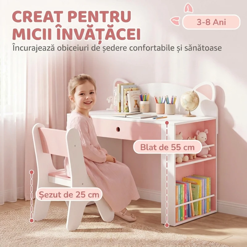 AIYAPLAY Set masă și scaun pentru copii, 3-8 ani, cu bibliotecă laterală, sertar și design vulpiță, alb