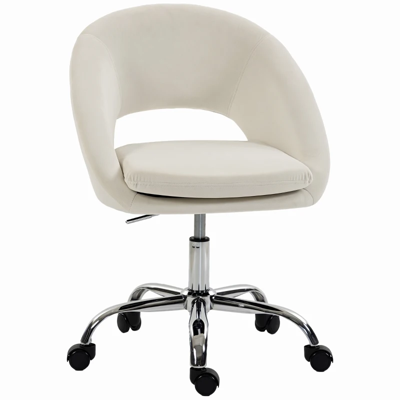 HOMCOM Velvet Desk Chair, Modern Office Chair with Height-Adjustable, Wheels, for Home Study Bedroom, Cream