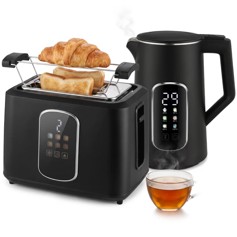 HOMCOM Kettle and Toaster Set with LED Touch Screen, Kettle with Strix Thermostat, 2 Slice Toaster w/ 6 Browning Levels, Black