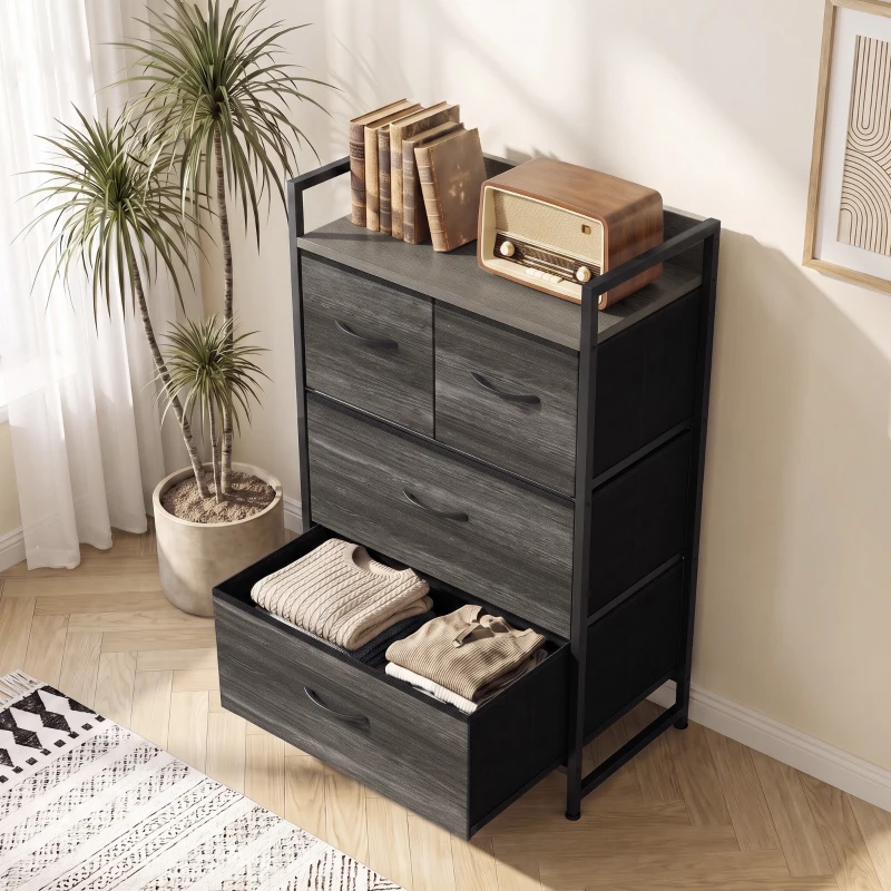 HOMCOM Cajonera de Tela con 4 Cajones Plegables y Marco de Acero Estilo Industrial para Salón 50x29x85 cm Gris