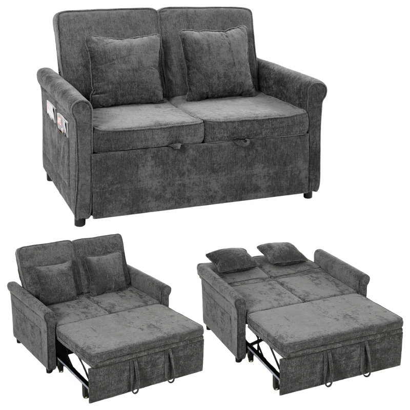 HOMCOM 2 Seater Sofa Bed 3-in-1 Convertible Chenille Pull Out Sleeper Sofa with 5-Position Adjustable Backrest, Grey