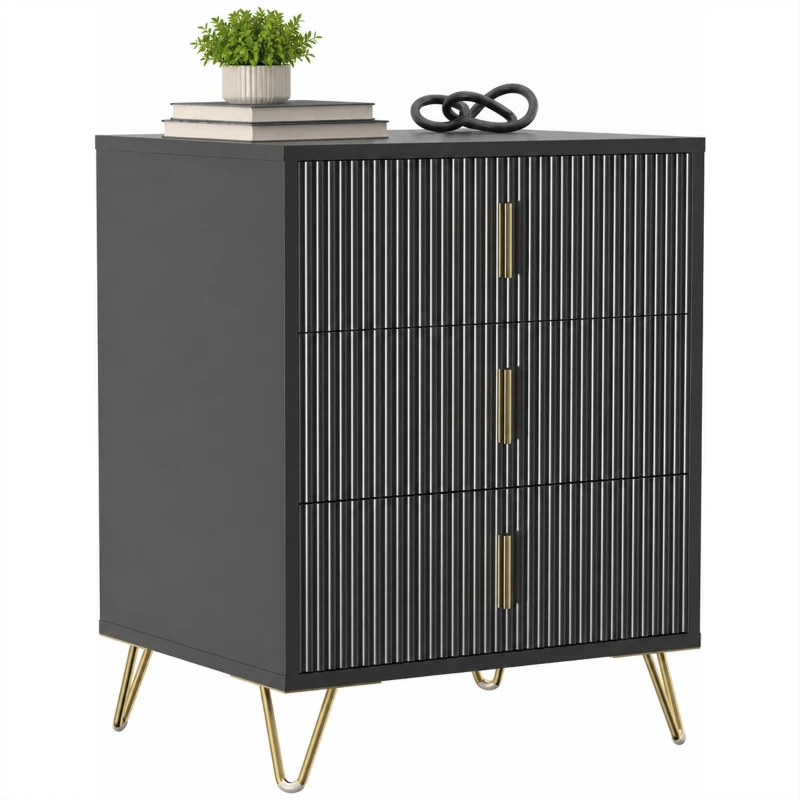 HOMCOM Modern 3-Drawer Dresser, Fluted Bedroom Dresser Chest of Drawers with Metal Legs and Steel Handles for Bedroom, Black