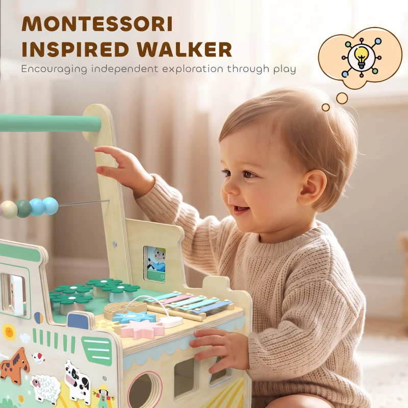 AIYAPLAY Wooden Baby Walker for 1-3 Year, Montessori Inspired Push Along Walker Toys, Multifunctional Activity Centre