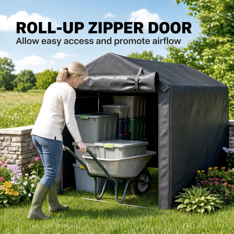 Outsunny 2.2 x 1.6 m Garden Storage Tent, Waterproof Anti-UV Bike Tent with Roll-up Zipper Door, Galvanised Outdoor Storage Shelter Carport for Bike, Motorbike, Garden Tools, Dark Grey