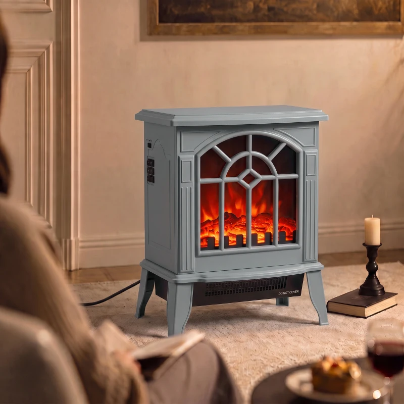 HOMCOM Freestanding Electric Fireplace, Electric Log Burner w/ LED Flame Effect, Overheating Safety System, 1000W/2000W, Grey