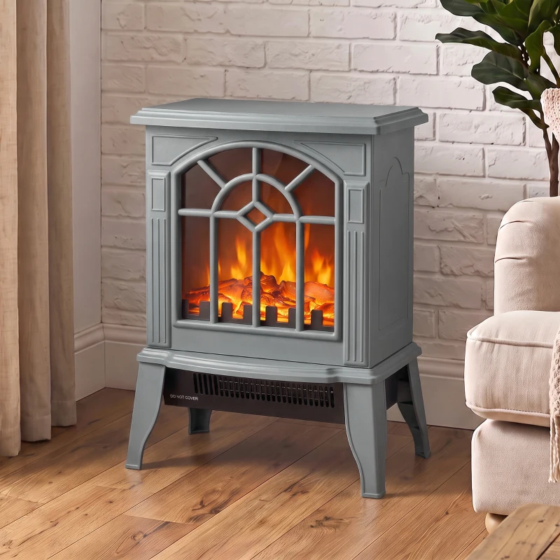 HOMCOM Freestanding Electric Fireplace, Electric Log Burner w/ LED Flame Effect, Overheating Safety System, 1000W/2000W, Grey