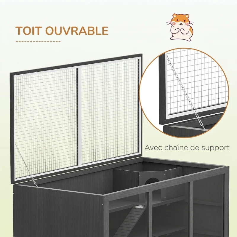 PawHut Cage à hamster cage gerbilles 2 niveaux toit ouvrable fenêtres cabane 2 échelle, 115 x 57 x 55 cm, gris
