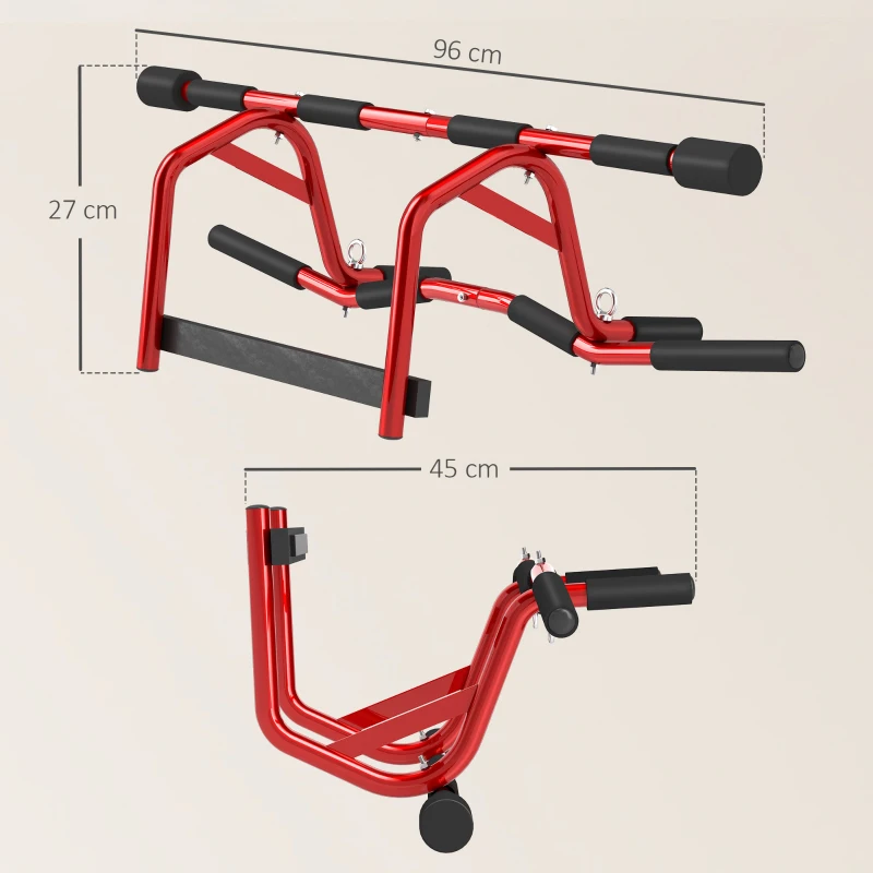 SPORTNOW Barre de Traction Porte et Pompes au Sol Sans Perçage Pull Up Bar 2 en 1 150 kg Sécurité Anti-Chute 96x45x27cm Rouge