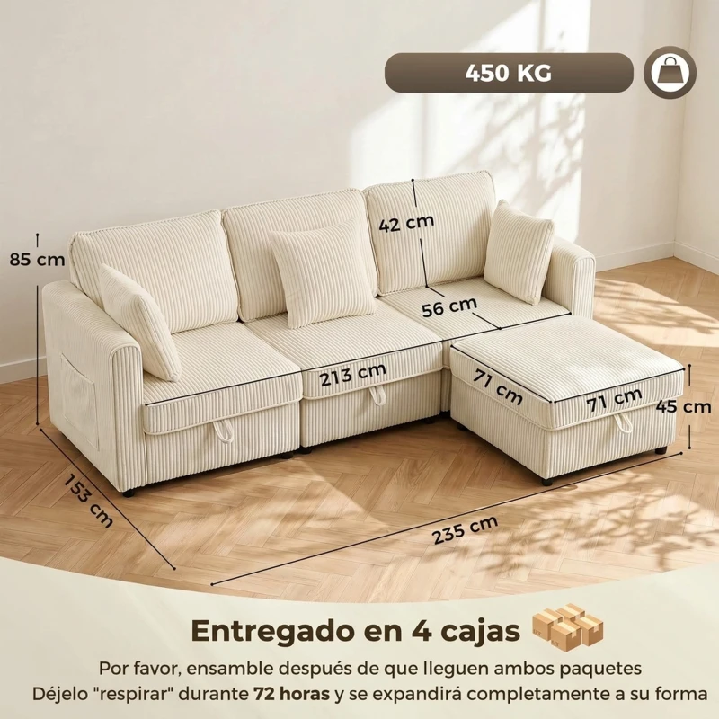 HOMCOM 3‑Sitzer‑Chaise‑Longue mit Stauraum und umkehrbarer Ottomane aus Cordstoff 235x153x85 cm Cremeweiß