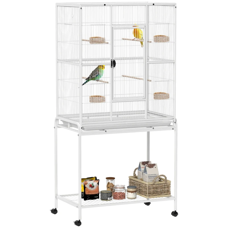 PawHut Cage à Oiseaux Portable avec 4 Mangeoires et 4 Perchoirs Pratique 81 x 48 x 162,5 cm Blanc