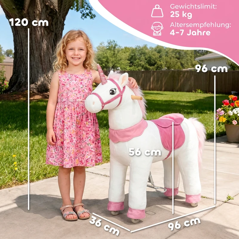 AIYAPLAY Reitpferd für Kinder, Einhorn-Design, Stoffbezug, stabiler Rahmen, sanfte Räder, Schaukelpferd, 3-5 Jahre, Weiß