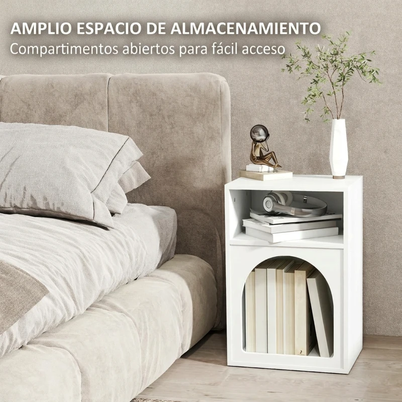 HOMCOM Mesilla de Noche Estrecha con 2 Compartimentos Abiertos Diseño en Forma de Arco 40x30x60 cm Blanco