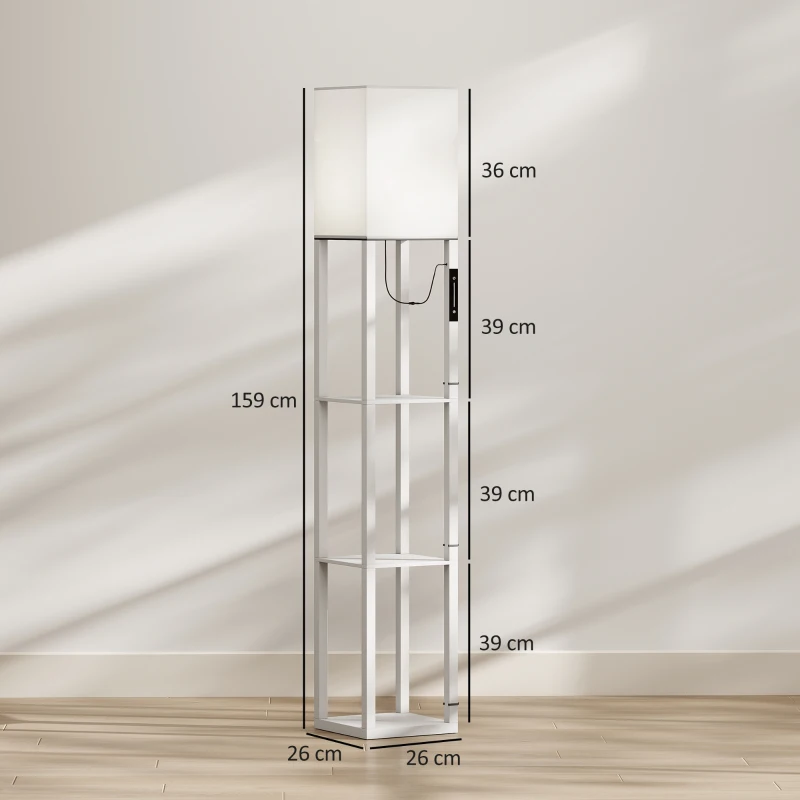 HOMCOM Lámpara de Pie con 3 Estantes Luz LED Regulable Control Táctil y Remoto Pantalla de Tela Bombilla Incluida Blanco