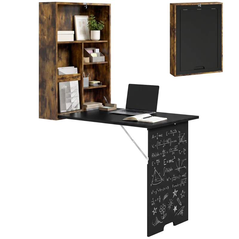 HOMCOM Folding Wall-Mounted Drop-Leaf Table, Convertible Wall Table With Chalkboard and Storage Shelf, Rustic Brown