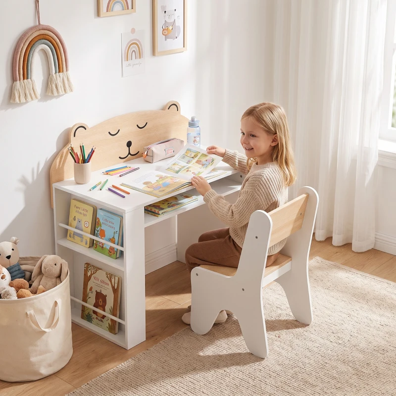 AIYAPLAY Bureau et Chaise pour Enfant 2 Pièces, Ensemble Table d'Activité avec Bibliothèque pour Dessin, Lecture et Jeux, Blanc