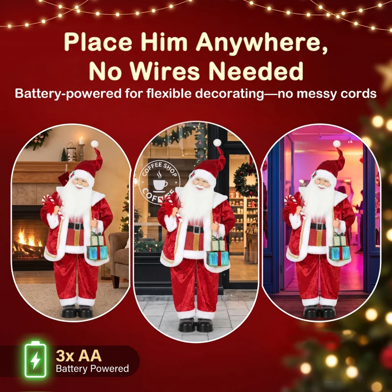 HOMCOM 120cm Life Size Singing Dancing Santa Claus, Standing Musical Animated Santa with Gift and Candy Cane, Posable Arms, Handcrafted, Sound Touch Activated, Moving Christmas Figure Decoration
