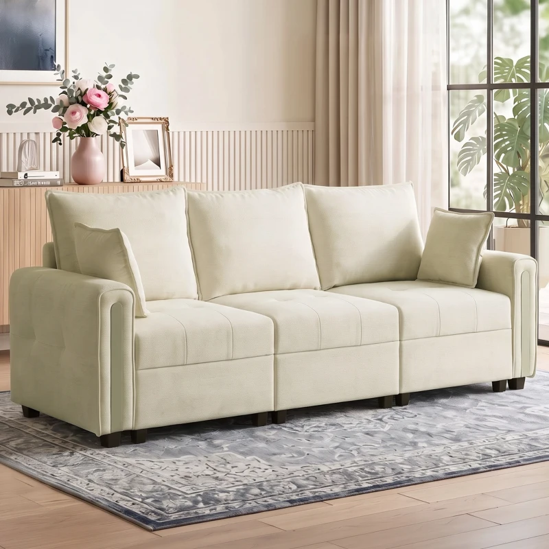 HOMCOM 3 Seater Sofa with Lift-Up Storage, 228cm Comfy Velvet Couch with Wide Deep Seat, Beige