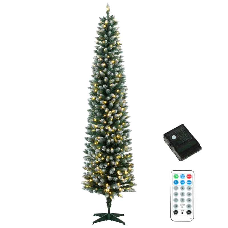 HOMCOM Árvore de Natal Estreita Pré-iluminada 180 cm, LEDs de Dupla Cor, Efeito Nevado, Comando, 11 Modos, 351 Pontas, 170 LEDs, Verde/Branco