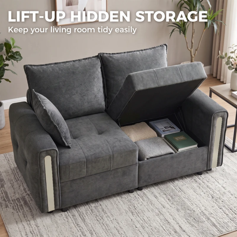 HOMCOM 2 Seater Sofa with Lift-Up Storage, 168 cm Comfy Velvet Small Couch with Wide Deep Seat, Plush Backrest, Thick Padding, 2 Pillows, Loveseat for Living Room, Home Office, Dark Grey