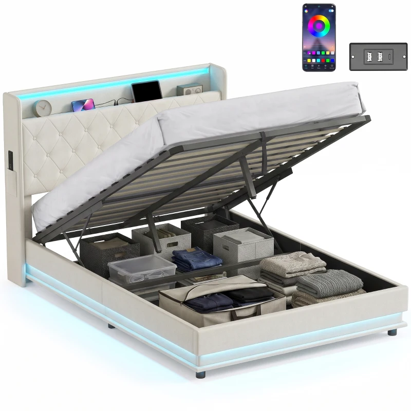 HOMCOM 4ft6 Double Bed Frame with Headboard, Platform Bed Frame with Hydraulic Storage, LED Lights and Charging Station, Cream