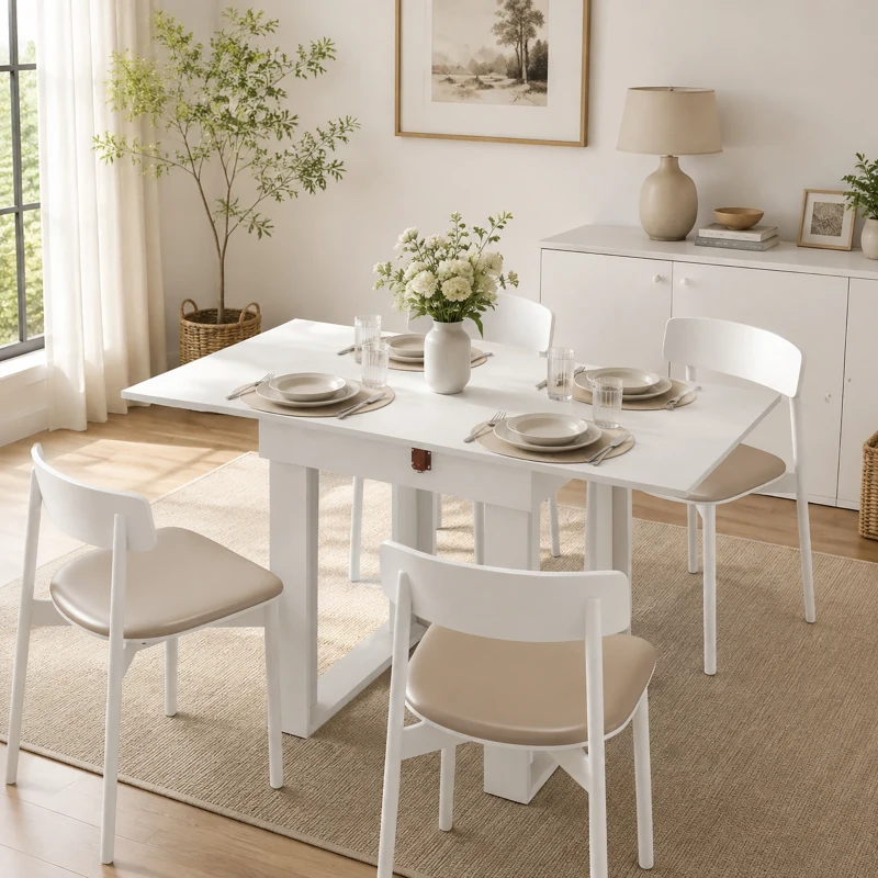 HOMCOM Folding Dining Table Under-Table Storage Extendable Kitchen Table Steel Rail White