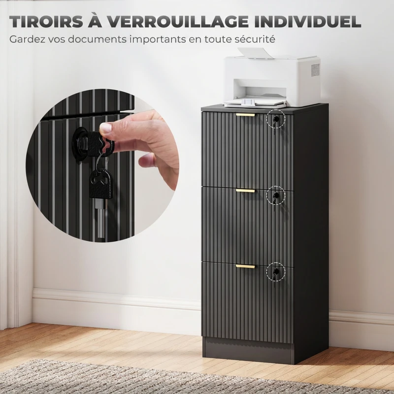 HOMCOM Caisson de Bureau 3 Tiroirs Silencieux Verrouillables pour Formats Lettre/A4, Support d'Imprimante, 40x40x101cm, Noir