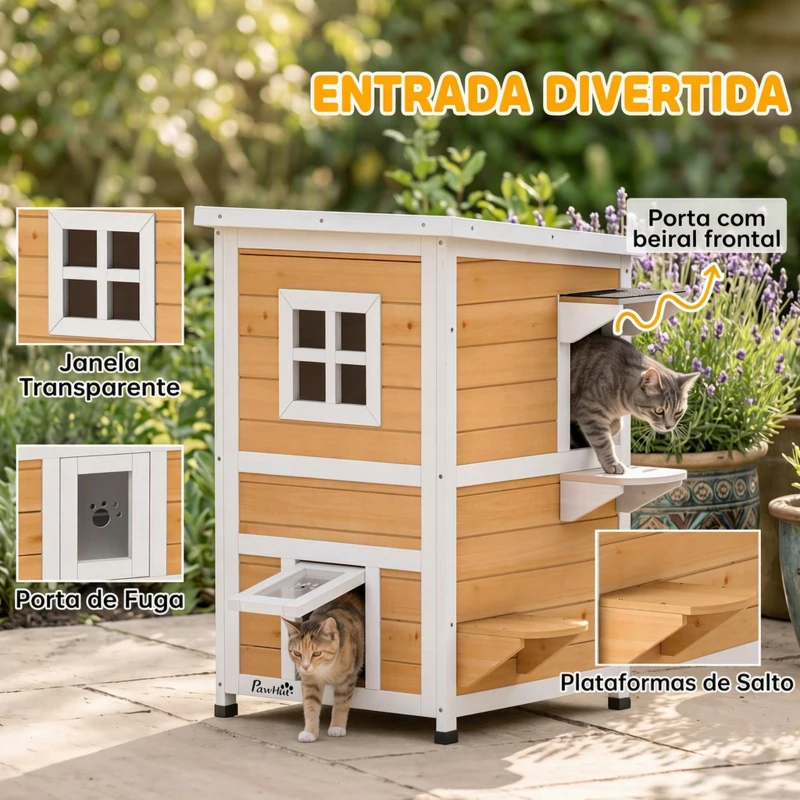 PawHut Casa de Madeira para Gatos de Exterior 2 Níveis com 3 Portas e Janela Amarela