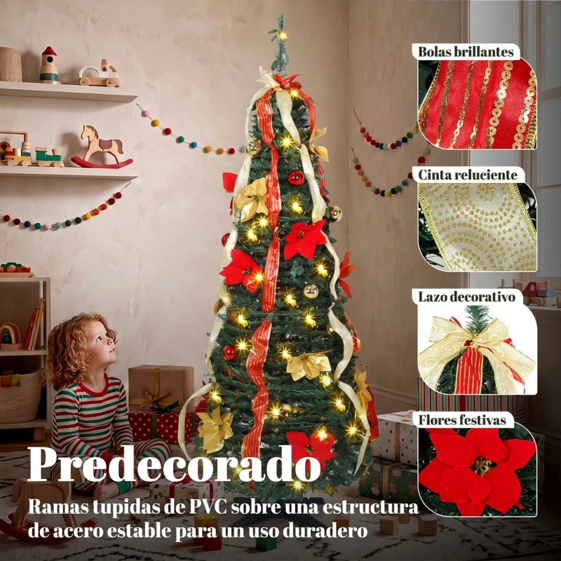 HOMCOM Árbol de Navidad Desplegable 150 cm con 70 Luces LED 11 Modos Mando a Distancia y Decoración Incluida Verde