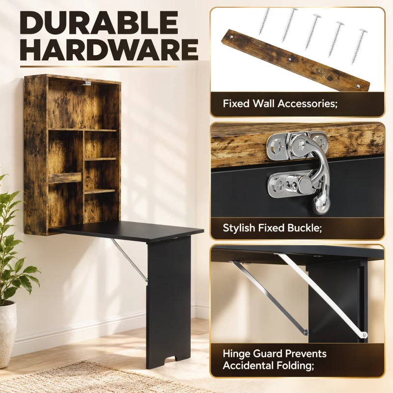 HOMCOM Folding Wall-Mounted Drop-Leaf Table, Convertible Wall Table With Chalkboard and Storage Shelf, Rustic Brown