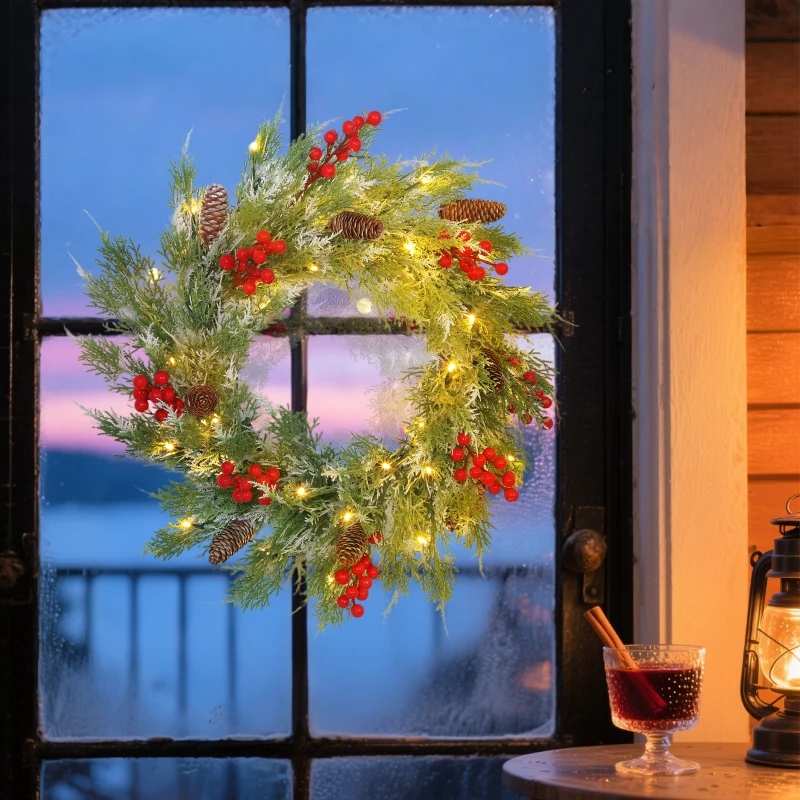 HOMCOM 60 cm Prelit Christmas Wreath, Door Wreath with Realistic Branches, 30 Warm White LEDs, Timer, Battery Operated