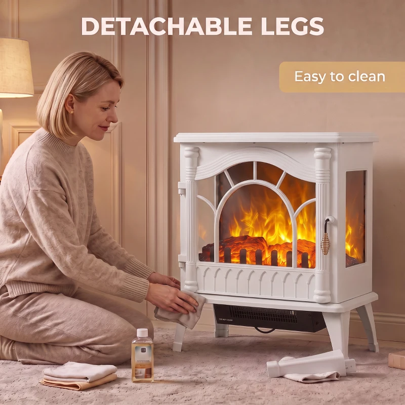 HOMCOM 3-Sided Glass Electric Fire Fan Heater, Electric Fireplace Stove Freestanding Log Burner with Flame Effect, White
