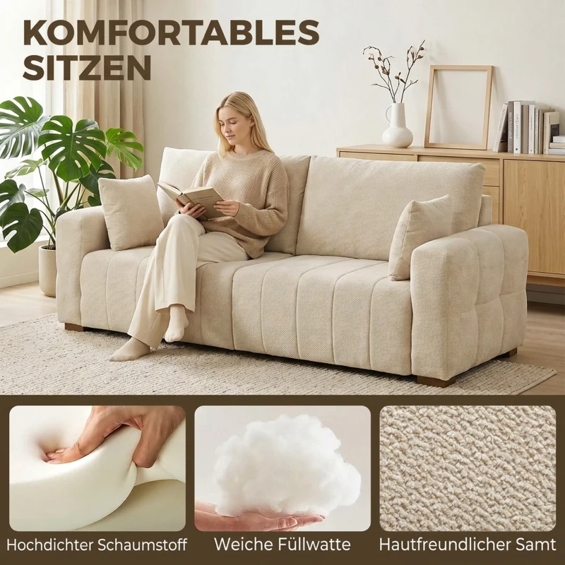 HOMCOM 3-Sitzer Sofa mit bodentiefen Armlehnen gepolsterte Wohnzimmercouch Holzbeine Cremeweiß